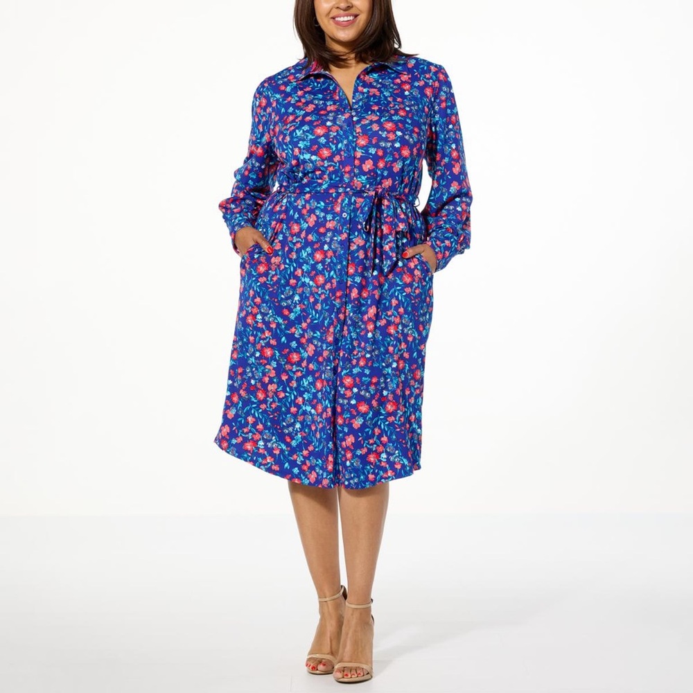 TWRHLL by Christie Brinkley Long Sleeve Shirt Dress with Belt
